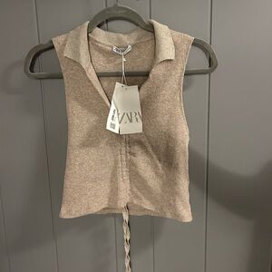 Zara Beige Ribbed Sleeveless Collared Top